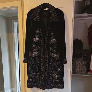 Time For Me Navy Blue Embroidered Velvet Coat Cardigan Robe 1X